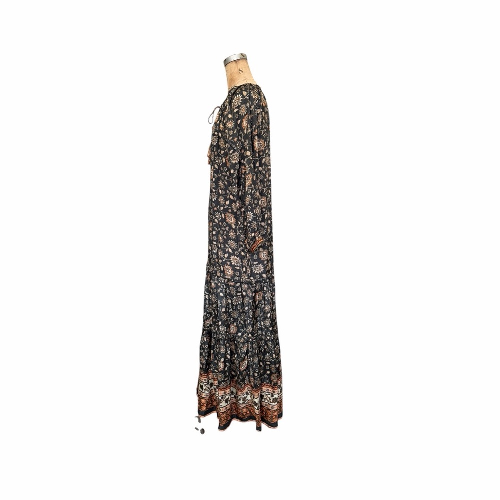NATURAL LIFE Lula Boho Tiered Ruffled Black/Tan Floral 3/4 Sleeve Maxi Dress XS - Picture 5 of 7
